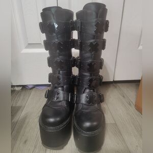 YRU Black Dune X Buckle Platform Boots Goth Shoes 7 Emo Punk Vegan Leather Faux